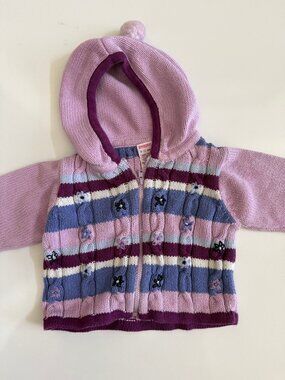 VINTAGE GYMBOREE Baby Girls Purple Striped Knit Zip Hoodie Pom Pom 6-12M